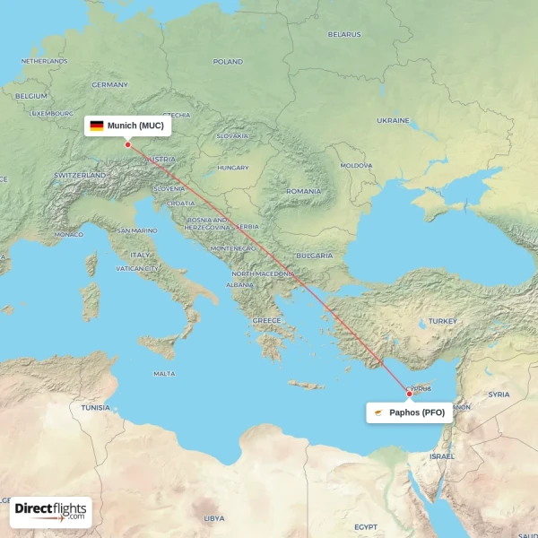 Paphos - Munich direct flight map