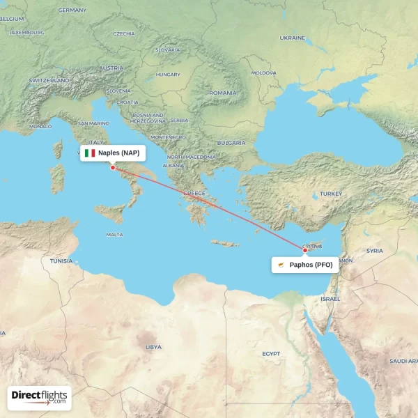 Paphos - Naples direct flight map