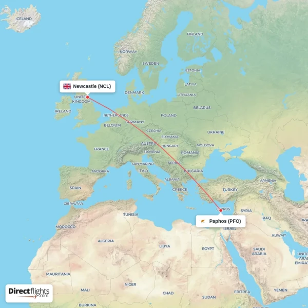 Paphos - Newcastle direct flight map