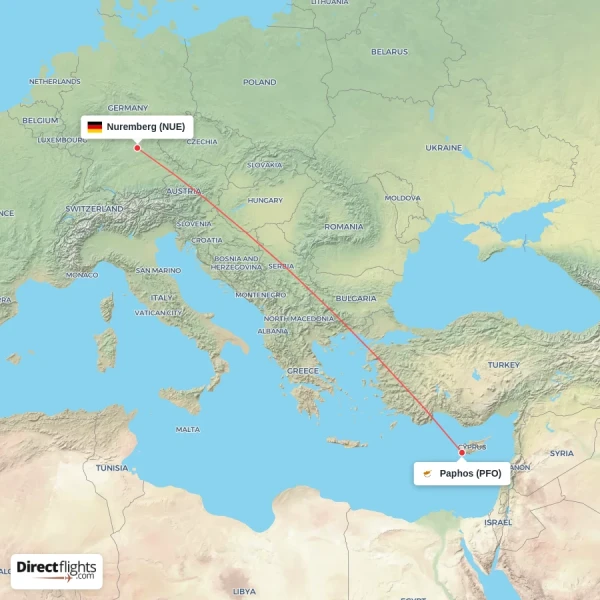Paphos - Nuremberg direct flight map