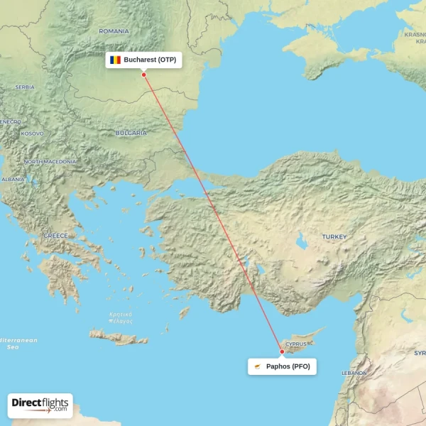 Paphos - Bucharest direct flight map
