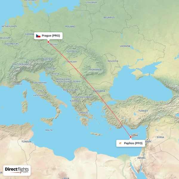 Paphos - Prague direct flight map