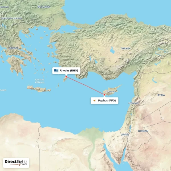 Paphos - Rhodes direct flight map