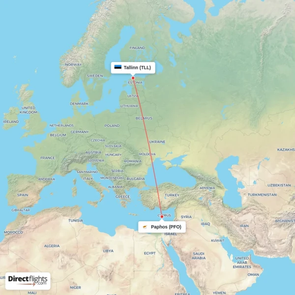 Paphos - Tallinn direct flight map