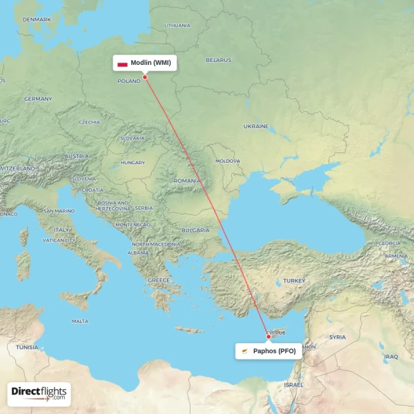 Paphos - Modlin direct flight map