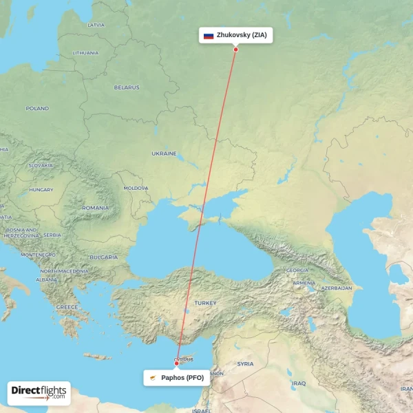 Paphos - Zhukovsky direct flight map