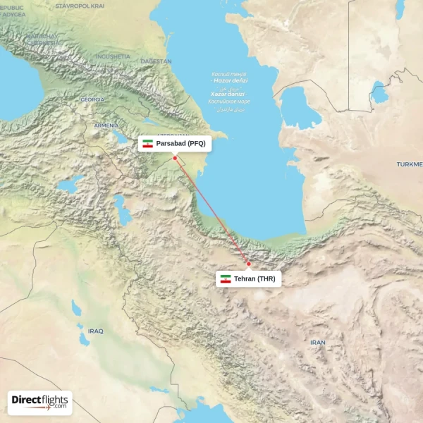 Parsabad - Tehran direct flight map