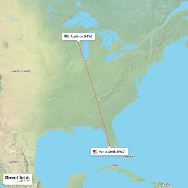 Punta Gorda - Appleton direct flight map