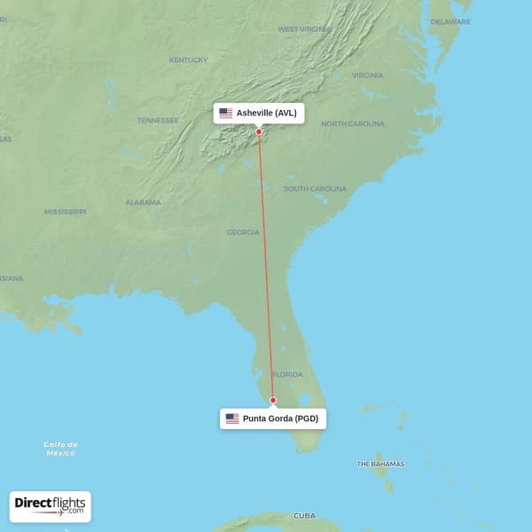 Punta Gorda - Asheville direct flight map