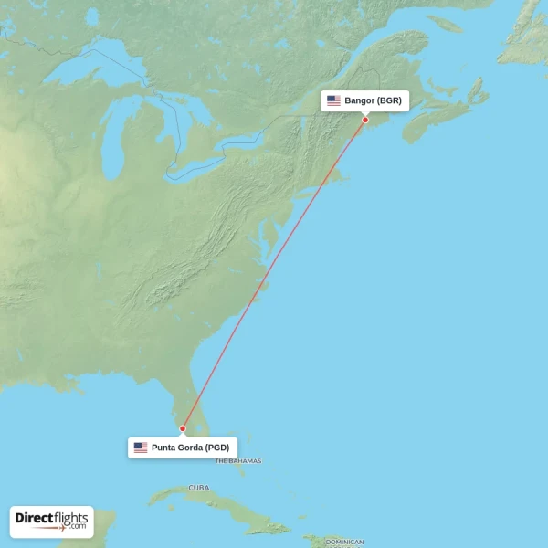 Punta Gorda - Bangor direct flight map