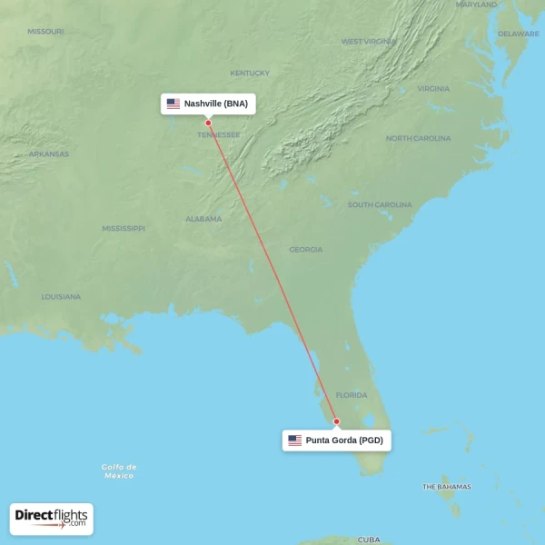 Punta Gorda - Nashville direct flight map