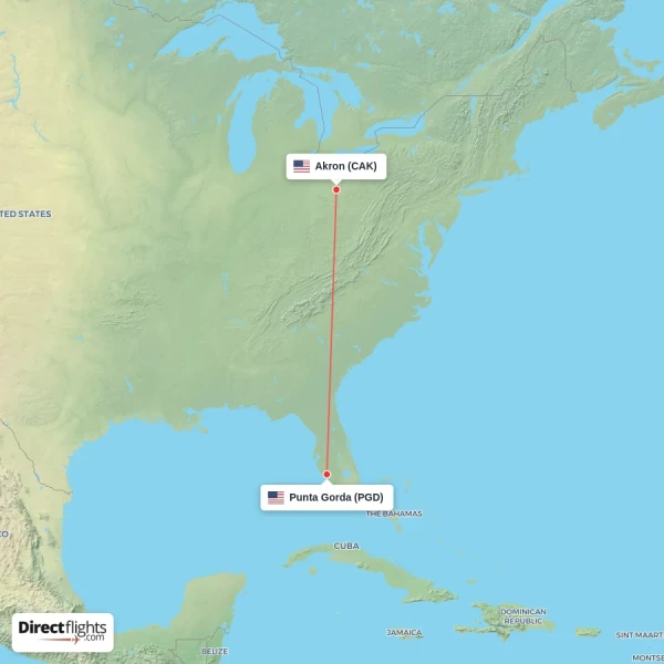 Punta Gorda - Akron direct flight map