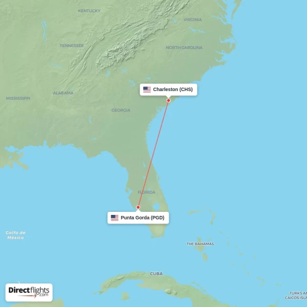 Punta Gorda - Charleston direct flight map