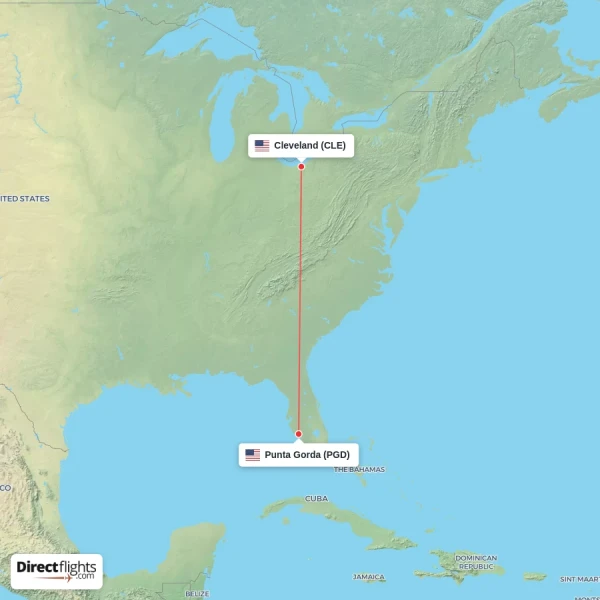 Punta Gorda - Cleveland direct flight map