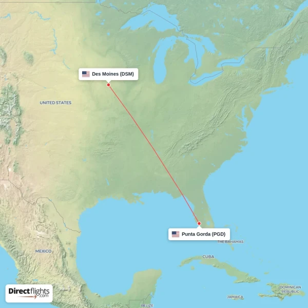 Punta Gorda - Des Moines direct flight map