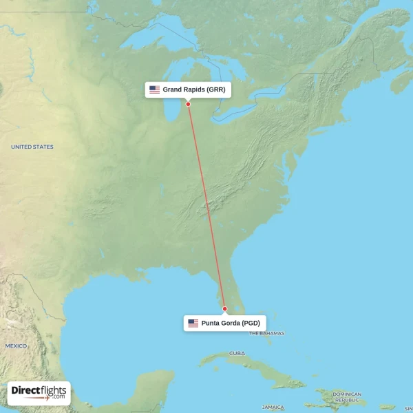 Punta Gorda - Grand Rapids direct flight map