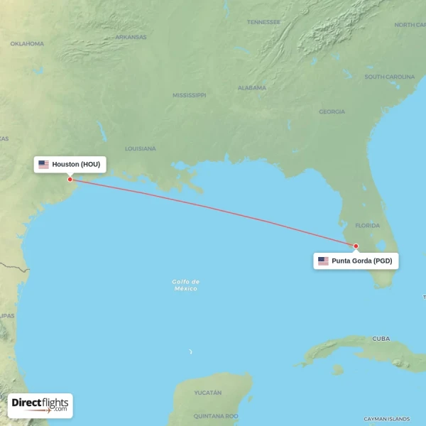 Punta Gorda - Houston direct flight map