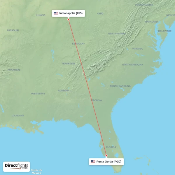 Punta Gorda - Indianapolis direct flight map