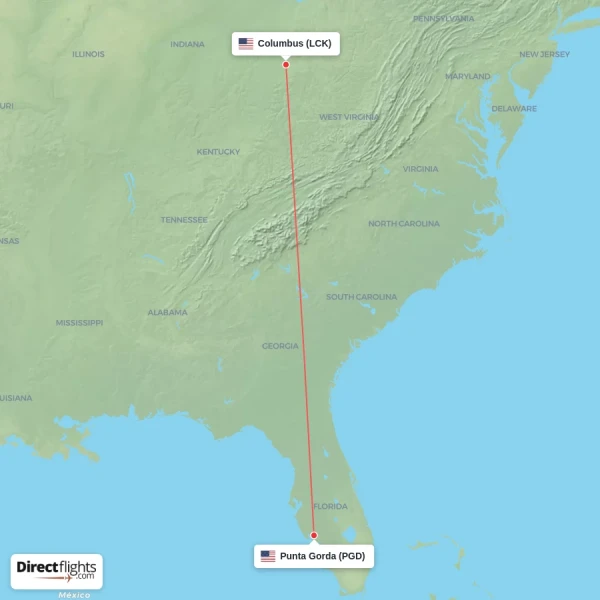 Punta Gorda - Columbus direct flight map