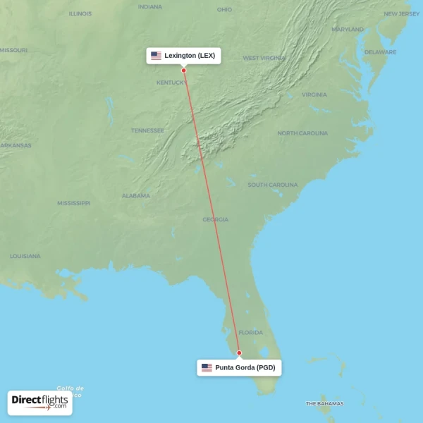 Punta Gorda - Lexington direct flight map