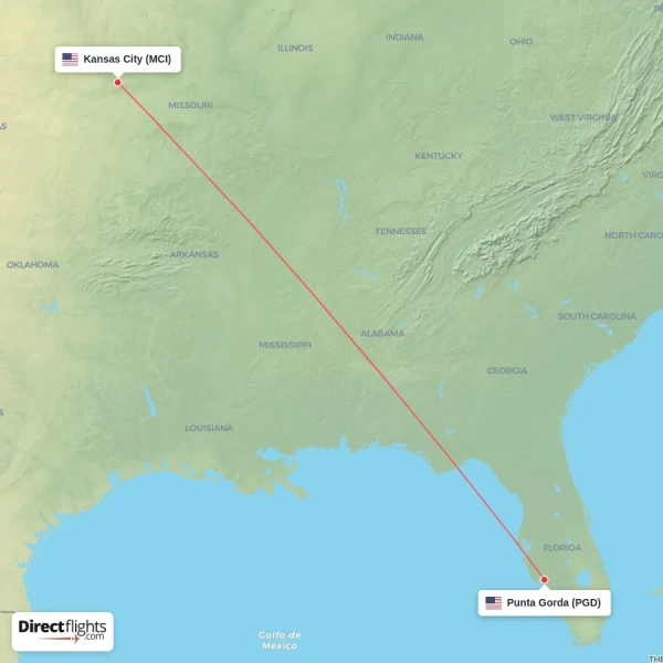 Punta Gorda - Kansas City direct flight map