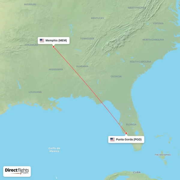Punta Gorda - Memphis direct flight map