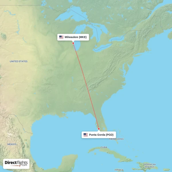 Punta Gorda - Milwaukee direct flight map