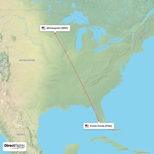 Punta Gorda - Minneapolis direct flight map