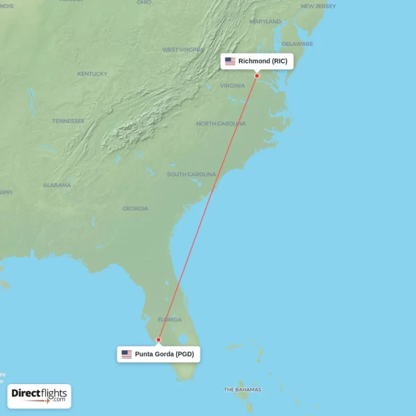 Punta Gorda - Richmond direct flight map