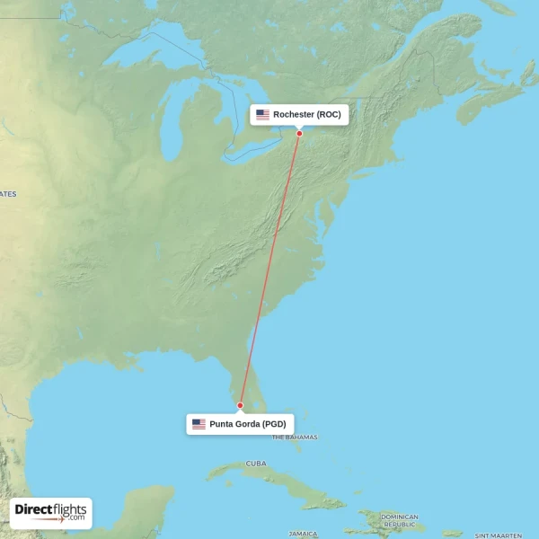 Punta Gorda - Rochester direct flight map