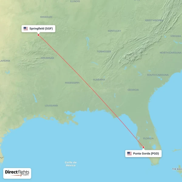 Punta Gorda - Springfield direct flight map