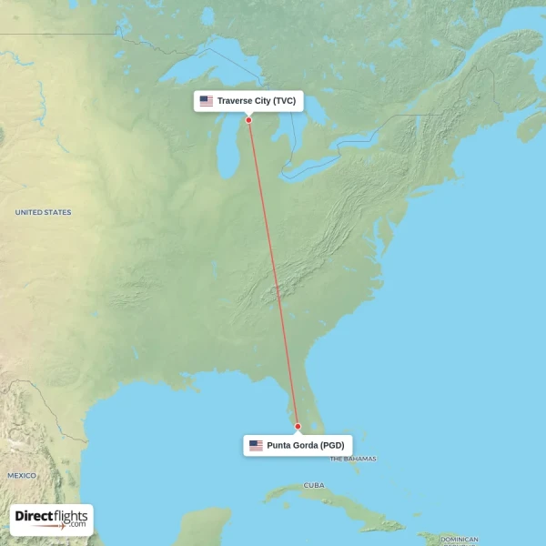 Punta Gorda - Traverse City direct flight map