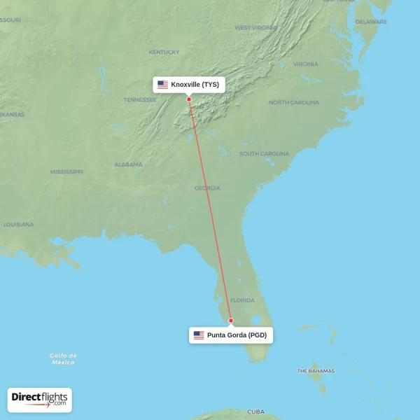 Punta Gorda - Knoxville direct flight map