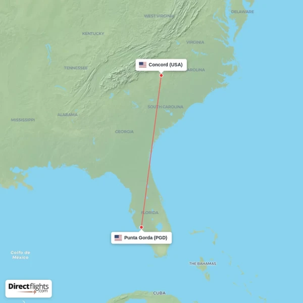 Punta Gorda - Concord direct flight map