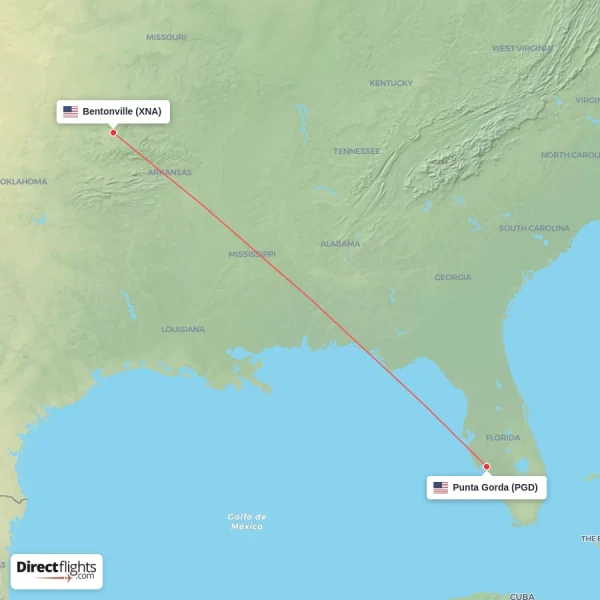 Punta Gorda - Bentonville direct flight map