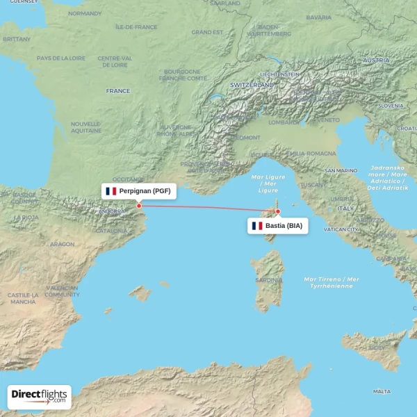Perpignan - Bastia direct flight map