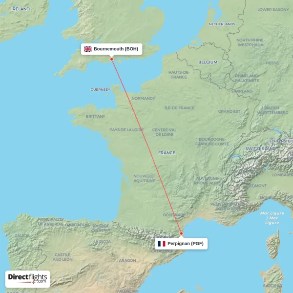 Perpignan - Bournemouth direct flight map