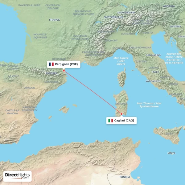 Perpignan - Cagliari direct flight map