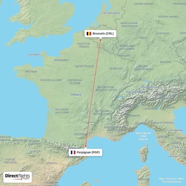 Perpignan - Brussels direct flight map