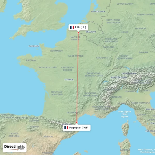 Perpignan - Lille direct flight map