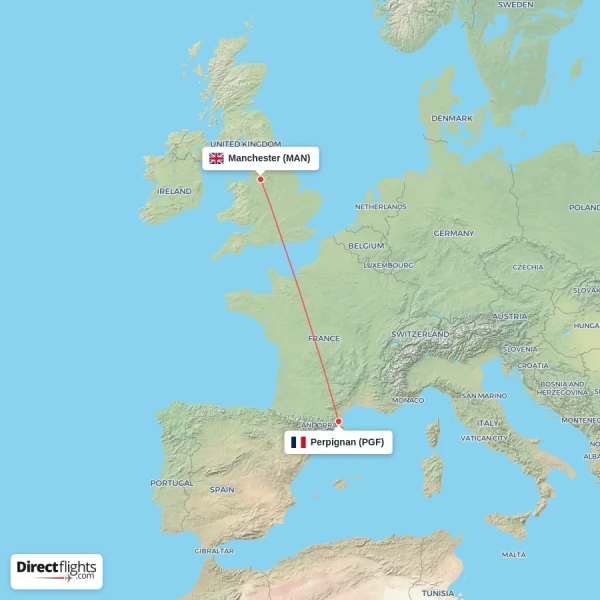Perpignan - Manchester direct flight map