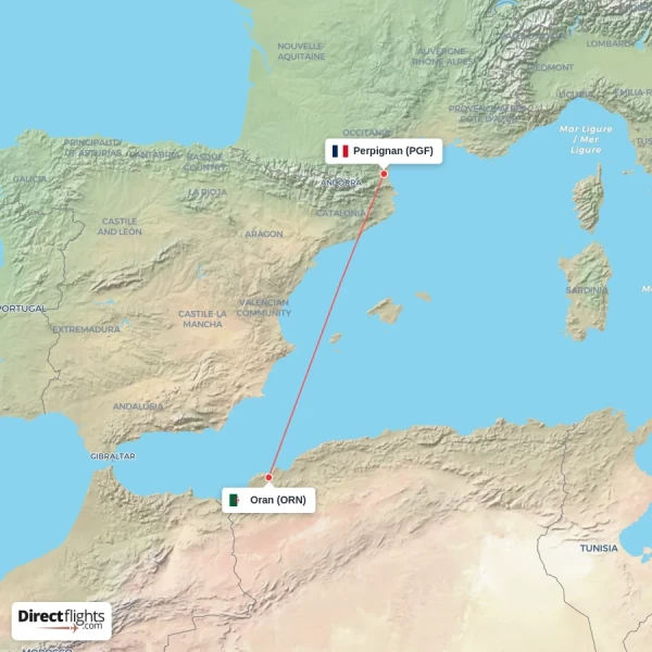Perpignan - Oran direct flight map
