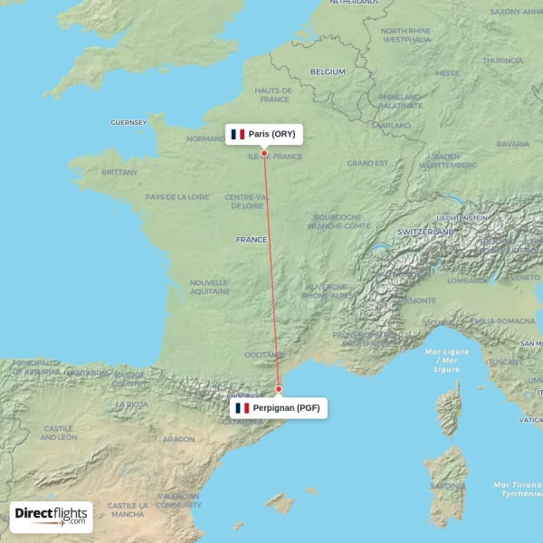 Perpignan - Paris direct flight map