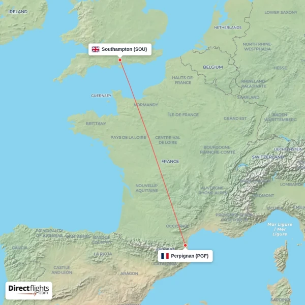 Perpignan - Southampton direct flight map