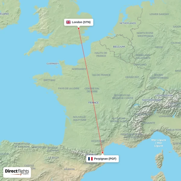 Perpignan - London direct flight map
