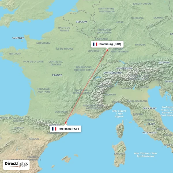 Perpignan - Strasbourg direct flight map