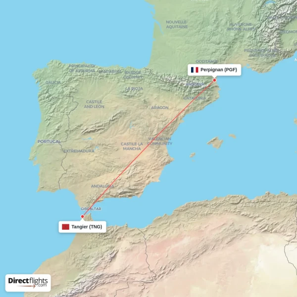 Perpignan - Tangier direct flight map