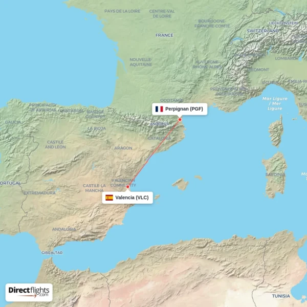 Perpignan - Valencia direct flight map