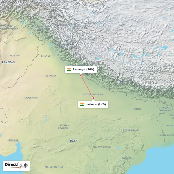 Pantnagar - Lucknow direct flight map