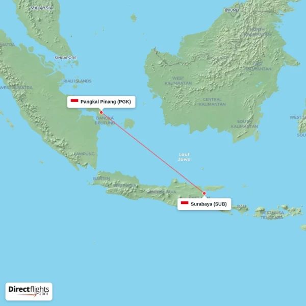 Pangkal Pinang - Surabaya direct flight map
